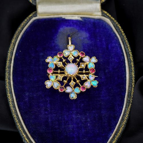 Antique Natural Opal Ruby and Diamond Flower Brooch and Pendant