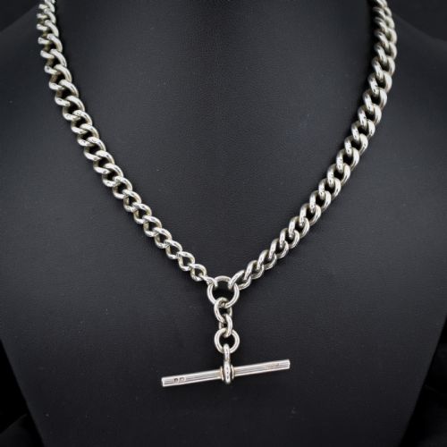 Antique Victorian Sterling Silver Curb Link Double Albert Watch Chain – 16.5"