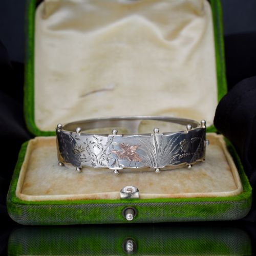 Antique Victorian Silver and Gold Bird Cuff Bangle Bracelet