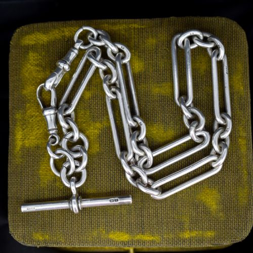 Antique '1910' Sterling Silver Trombone Oval Link Watch Chain Necklace | 15"