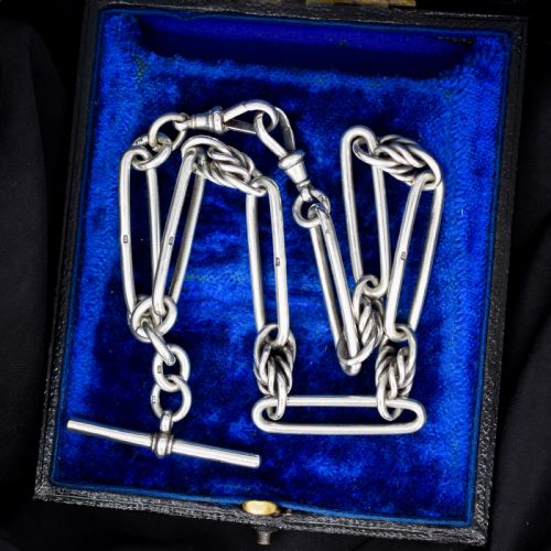Antique Victorian '1888' Sterling Silver Trombone Love Knot Watch Chain Necklace | 14.25"