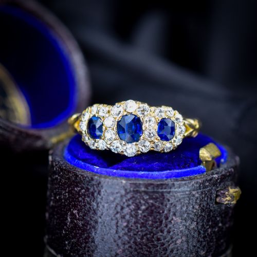 Antique Victorian '1898' Blue Sapphire and Diamond Triple Cluster 18ct Gold Ring