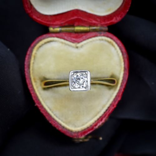 Antique 0.30ct Old Cut Diamond Square Solitaire 18ct Gold Engagement Ring