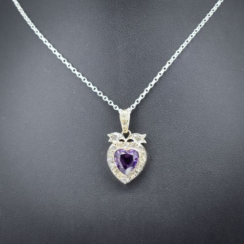 Antique Amethyst Old Cut Paste Silver Heart Pendant Necklace | 18"