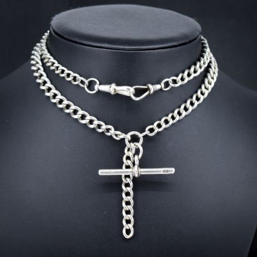 Antique 83g Sterling Silver Chunky Curb Link Albert Watch Chain Necklace – 25"