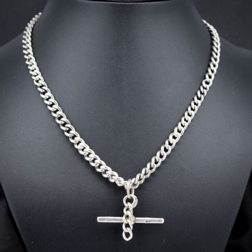 Antique 20.5" Sterling Silver Uniform Curb Link Chain Necklace with Double Dog Clip and T-bar