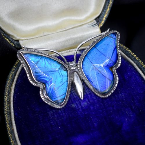 fig 1. An Art Deco sterling silver butterfly brooch featuring vibrant iridescent blue butterfly wing panels beneath glass.