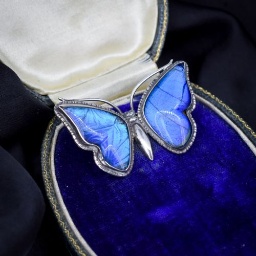fig 2. An Art Deco sterling silver butterfly brooch featuring vibrant iridescent blue butterfly wing panels beneath glass.