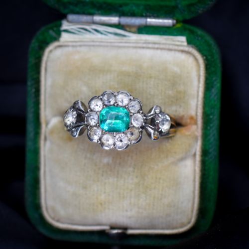 Antique Georgian Green Paste Cluster 9ct Gold and Silver Ring