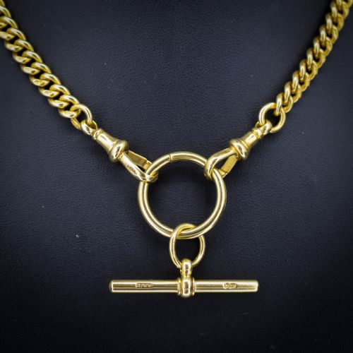 fig 1. An 18ct yellow gold curb link Albert chain necklace featuring a central ring with a T-bar drop, displayed on a black jewellery bust.