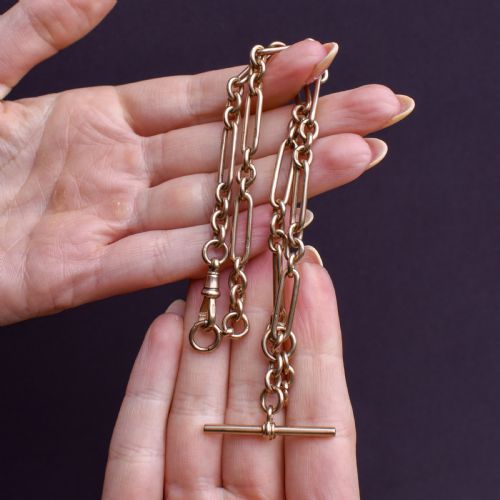 Art Deco '1929' 9ct Gold Trombone Paperlink Link Albert Watch Chain Necklace | 14.75"