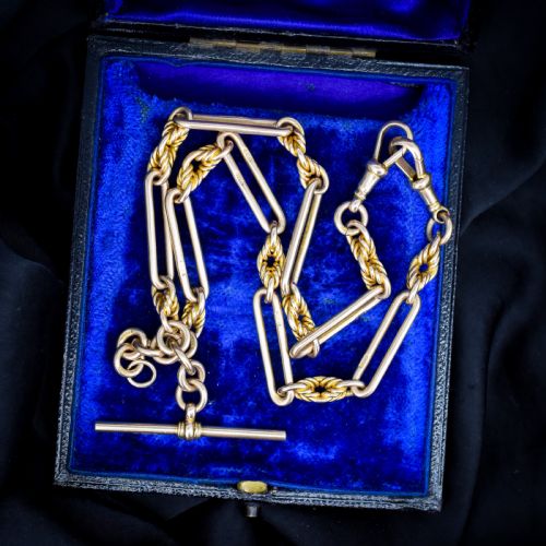 Antique '1925' 9ct Gold Trombone and Love Knot Link Albert Chain Necklace | 16"