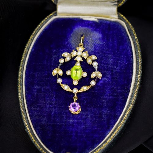 Antique Edwardian Amethyst Peridot and Pearl Lavalier 15ct Gold Pendant | Suffragette