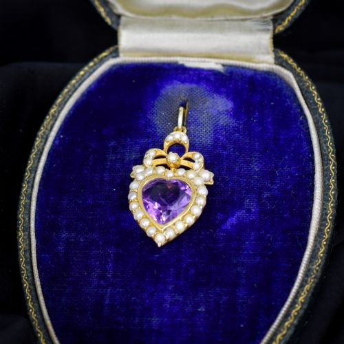 Vintage Amethyst and Pearl Heart Gold on Silver Charm Pendant