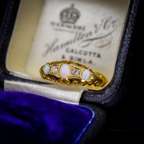 Antique Edwardian Natural Opal and Diamond 18ct Gold Boat Ring | Birmingham 1908