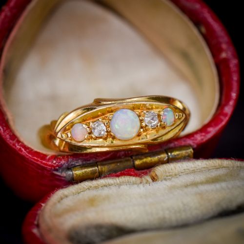 Antique Natural Opal and Diamond 18ct Gold Boat Ring | Chester 1919