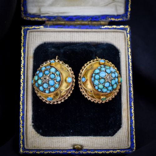 Antique Victorian Etruscan Pavé Turquoise Bombé Cluster 9ct Gold Earrings
