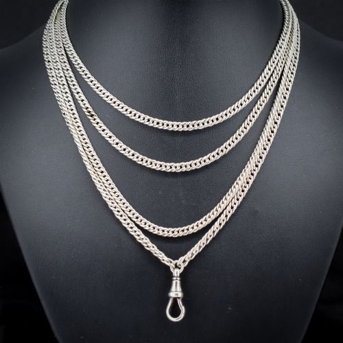 Antique Sterling Silver Flat Curb Link Long Guard Chain Necklace | 62" Length