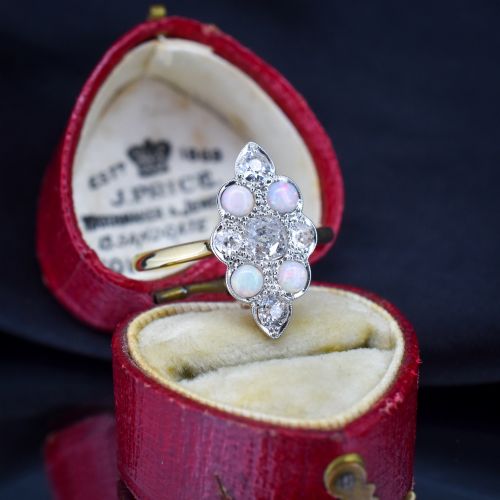 Antique Edwardian 0.78ct Old Cut Diamond and Opal Navette Cluster 18ct Gold Ring