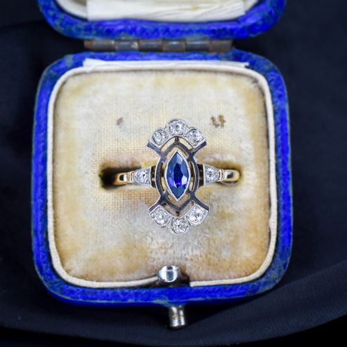 Art Deco Blue Sapphire and Diamond Navette Cluster Gold Ring