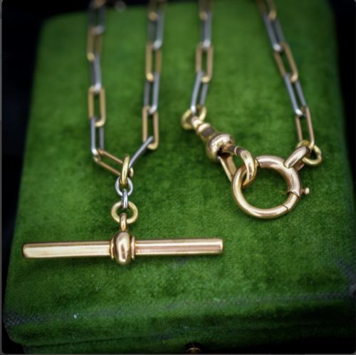 fig 1. Antique 18ct Gold and Platinum Paper Link Trombone Watch Chain with Dog Clip and Bolt Ring | 12.75