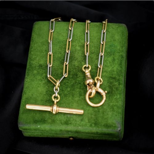 Antique 18ct Gold and Platinum Paper Link Trombone Watch Chain with Dog Clip and Bolt Ring | 12.75"