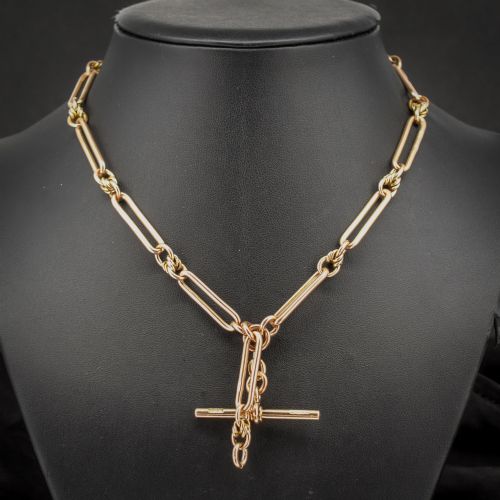 Antique '1918' 9ct Gold Trombone and Love Knot Link Albert Chain Necklace | 15.75"