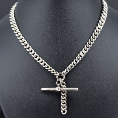 Art Deco Sterling Silver Curb Link Double Albert Watch Chain Necklace – 15"