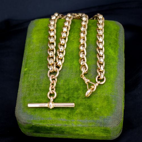 Antique Rollerball 9ct Gold Albert Chain Necklace with T-bar and Double Dog Clips | 15"
