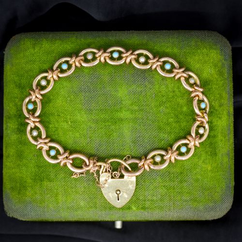 Antique Pearl and Turquoise Rolled Gold Heart Padlock Bracelet