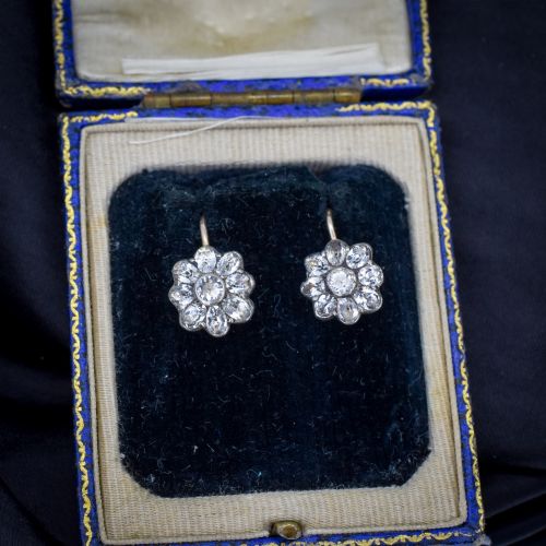 Antique Georgian Paste Silver and 9ct Gold Flower Earrings