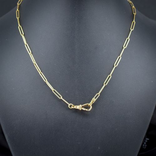 fig 1. An antique 9ct yellow gold chain featuring elongated paperclip links and a swivel dog clip clasp.