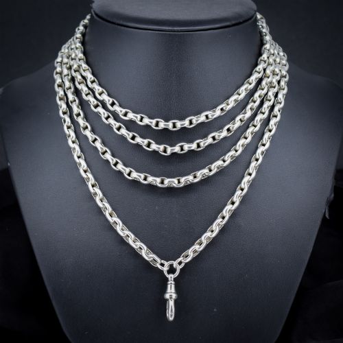 Antique 89g Silver Long Guard Chain Necklace with Dog Clip | 60" Length