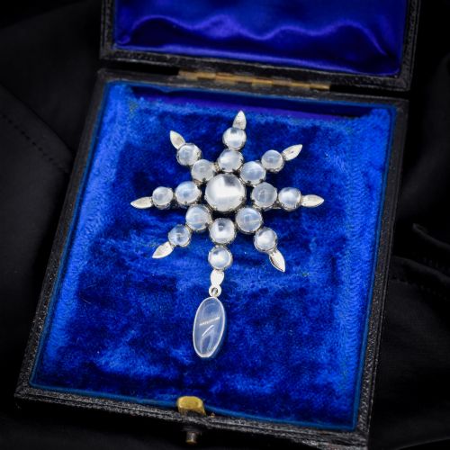 Antique Victorian Celestial Moonstone Star Silver Brooch Pin | 19.21ct