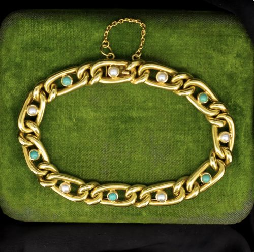 Antique 15ct Yellow Gold Pearl and Turquoise Curb Bracelet | 7.5"