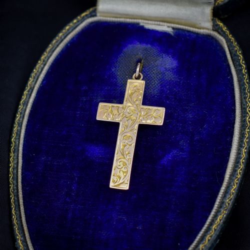 Antique Edwardian 9ct Gold Floral Ivy Engraved Cross Pendant