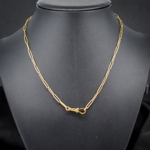 fig 1. An antique 9ct yellow gold paperlink chain necklace featuring uniform elongated rectangular links and a swivel dog clip clasp.