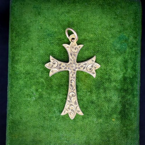 Antique Edwardian 9ct Gold Engraved Cross Pendant | Chester 1904