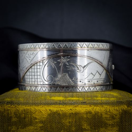 Antique Victorian Silver and Gold 'Day and Night' Bird Cuff Bangle Bracelet