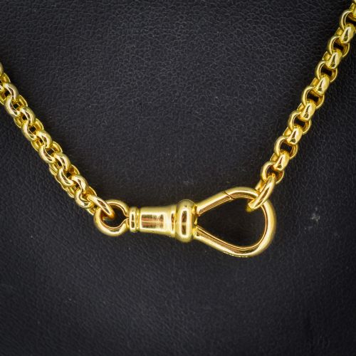 fig 1. An antique Victorian 9ct yellow gold belcher link chain necklace featuring a dog clip clasp fastener.
