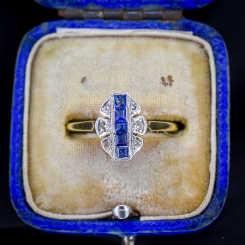 Art Deco Blue Sapphire and Diamond Navette Cluster 18ct Gold Ring