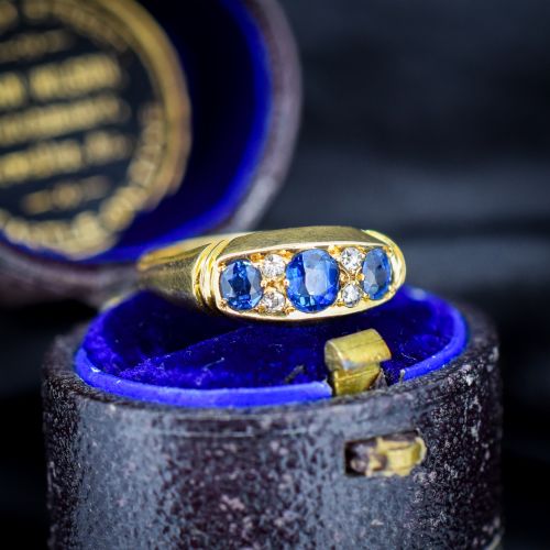 Antique Blue Sapphire and Diamond 18ct Yellow Gold Boat Ring | Birmingham 1912