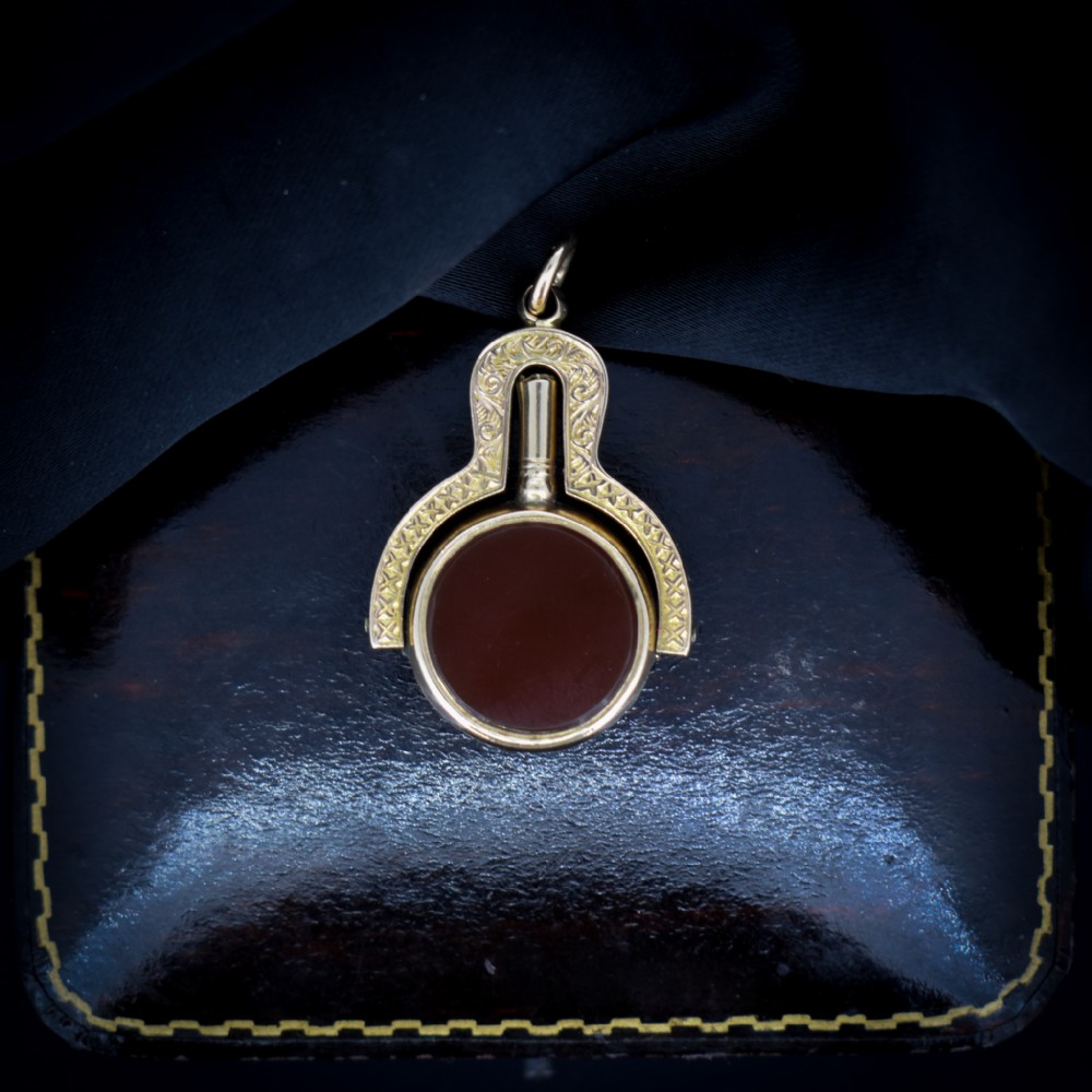 Antique Carnelian and Bloodstone Agate 9ct 9K Gold Spinning Fob Watch Key Pendant | Victorian
