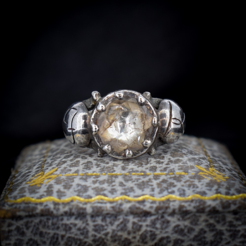 Antique Georgian Foiled Rose Cut Paste Sterling Silver Statement Ring - Initialled 'FK'