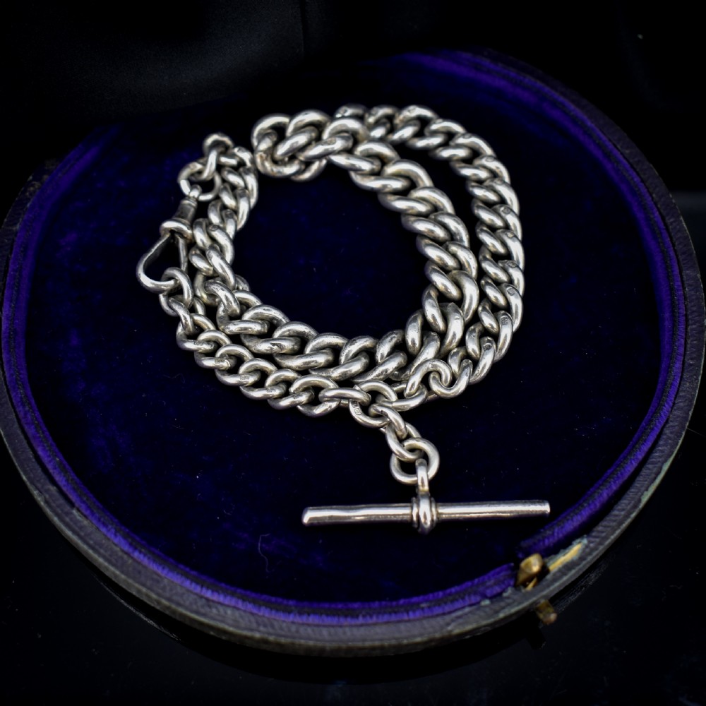 Antique Sterling Silver Heavy Chunky Curb Link Albert Watch Chain Necklace with T-Bar and Dog Clip | Dated 1906