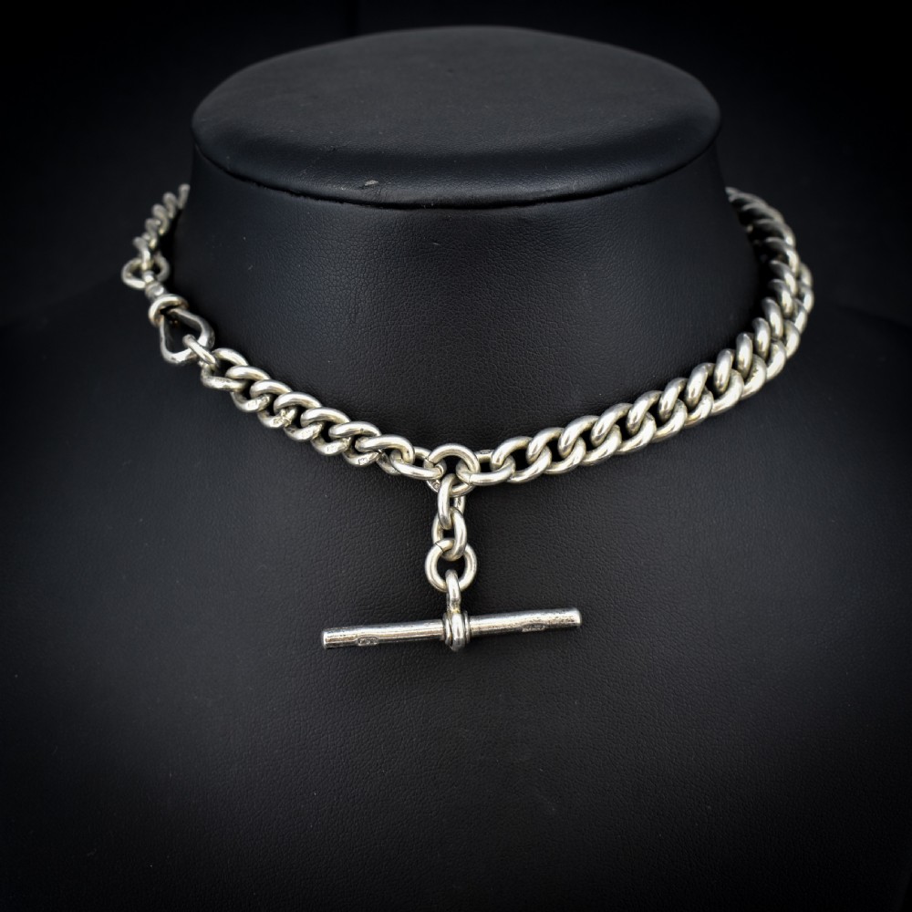 Antique Sterling Silver Heavy Chunky Curb Link Albert Watch Chain Necklace with T-Bar and Dog Clip | Dated 1906 View II