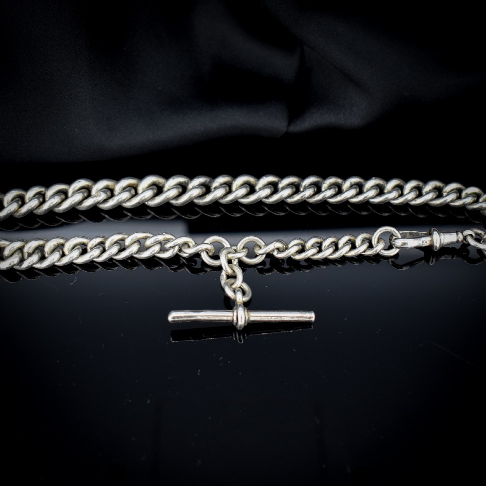 Antique Sterling Silver Heavy Chunky Curb Link Albert Watch Chain Necklace with T-Bar and Dog Clip | Dated 1906 View III