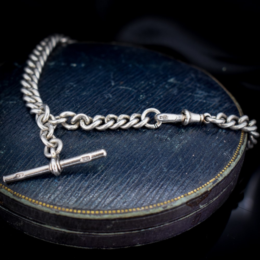 Antique Sterling Silver Heavy Chunky Curb Link Albert Watch Chain Necklace with T-Bar and Dog Clip | Dated 1906 View IV