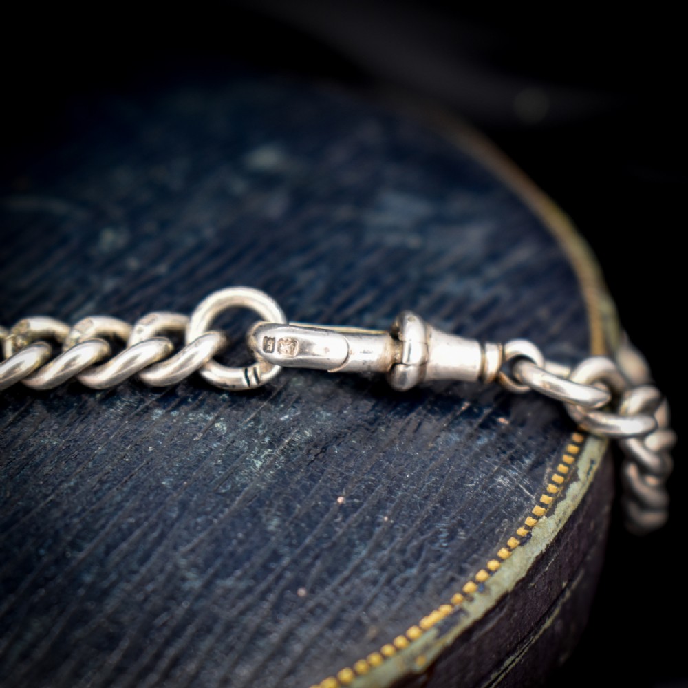 Antique Sterling Silver Heavy Chunky Curb Link Albert Watch Chain Necklace with T-Bar and Dog Clip | Dated 1906 View V