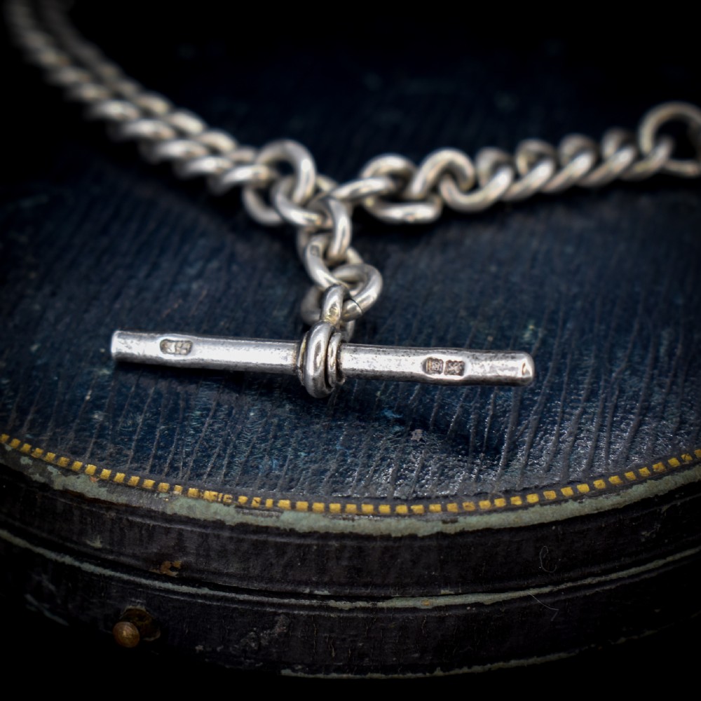 Antique Sterling Silver Heavy Chunky Curb Link Albert Watch Chain Necklace with T-Bar and Dog Clip | Dated 1906 View VI